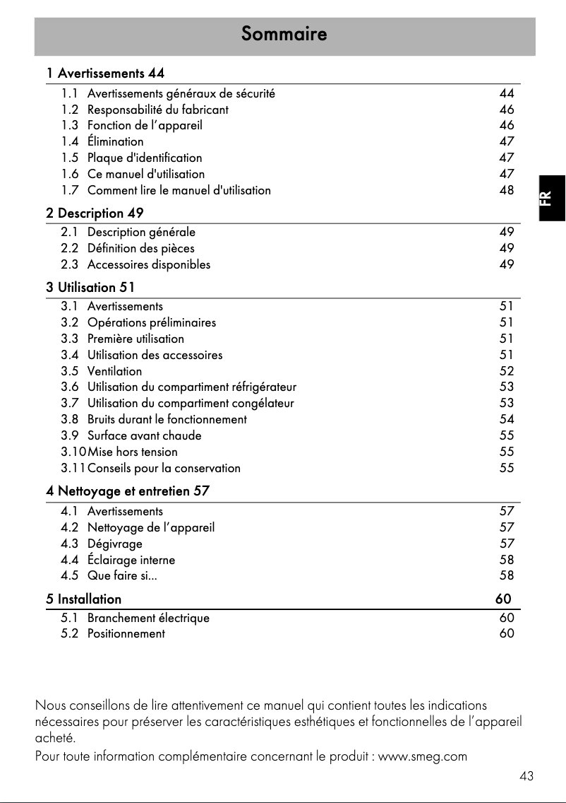 Page 1 de la notice Manuel utilisateur Smeg FAB30RCR5