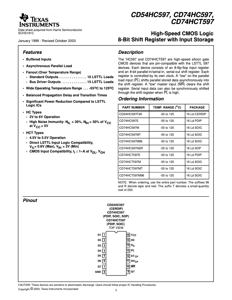 Page 1 de la notice Manuel utilisateur Texas Instruments CD74HCT597E
