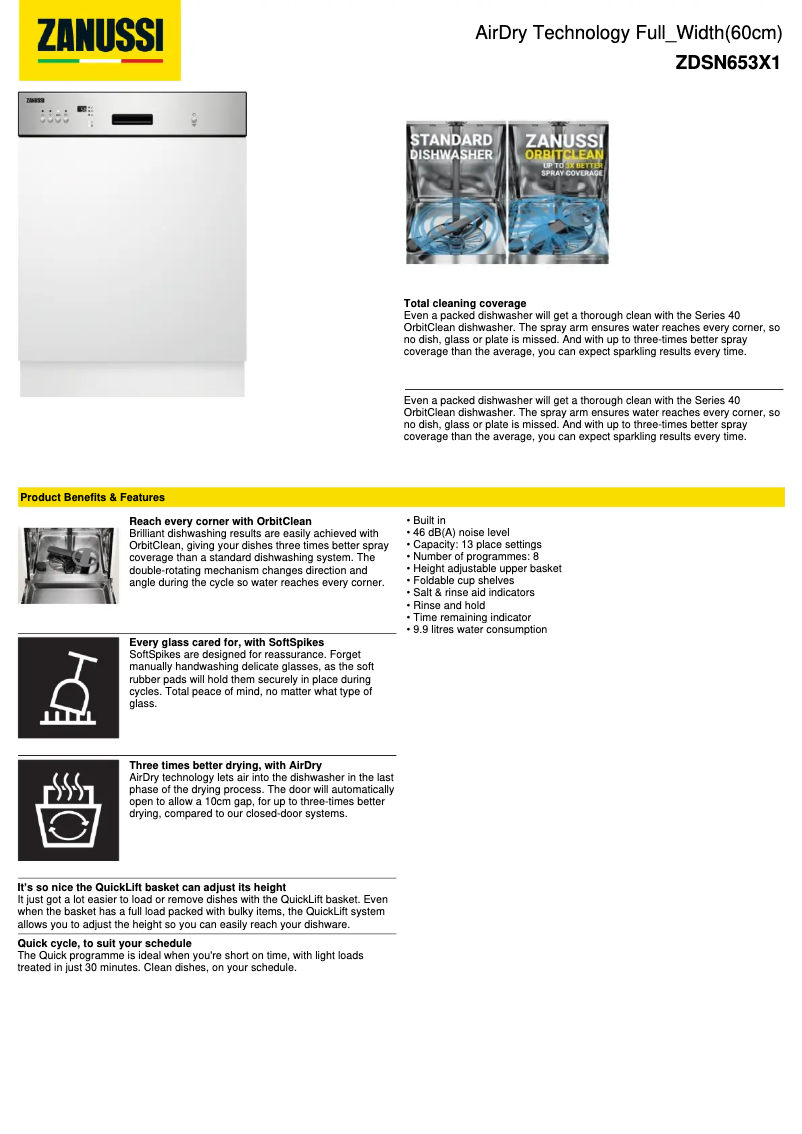Page 1 de la notice Fiche technique Zanussi ZDSN653X1