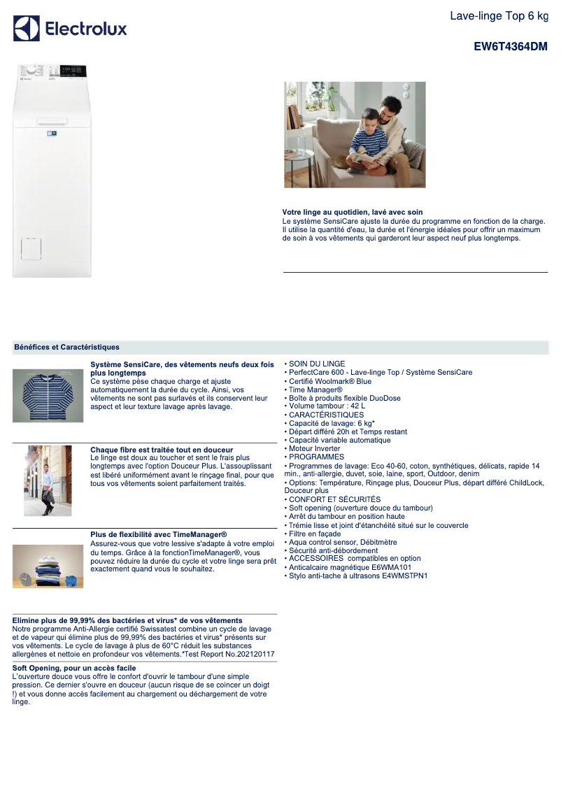 Page 1 de la notice Fiche technique Electrolux EW6T4364DM