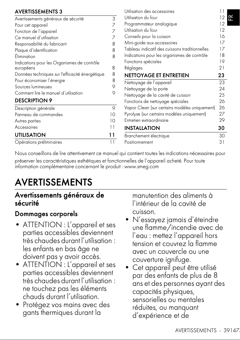 Page 1 de la notice Manuel utilisateur Smeg SFP61TB3FR