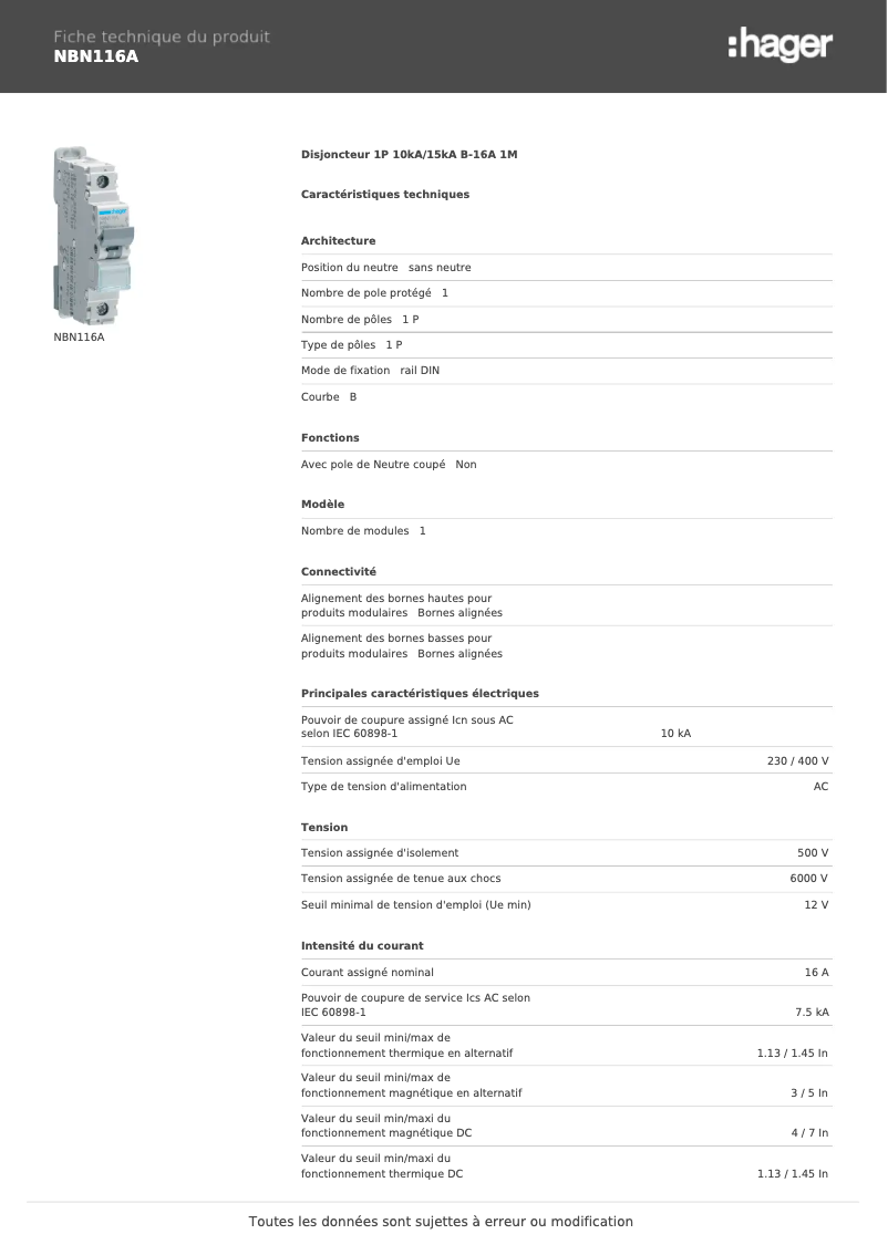 Page 1 de la notice Manuel utilisateur Hager NBN116A