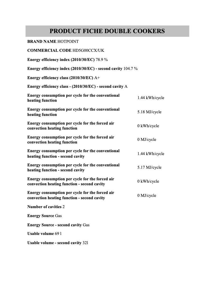 Page 1 de la notice Fiche technique Hotpoint HD5G00CCX/UK