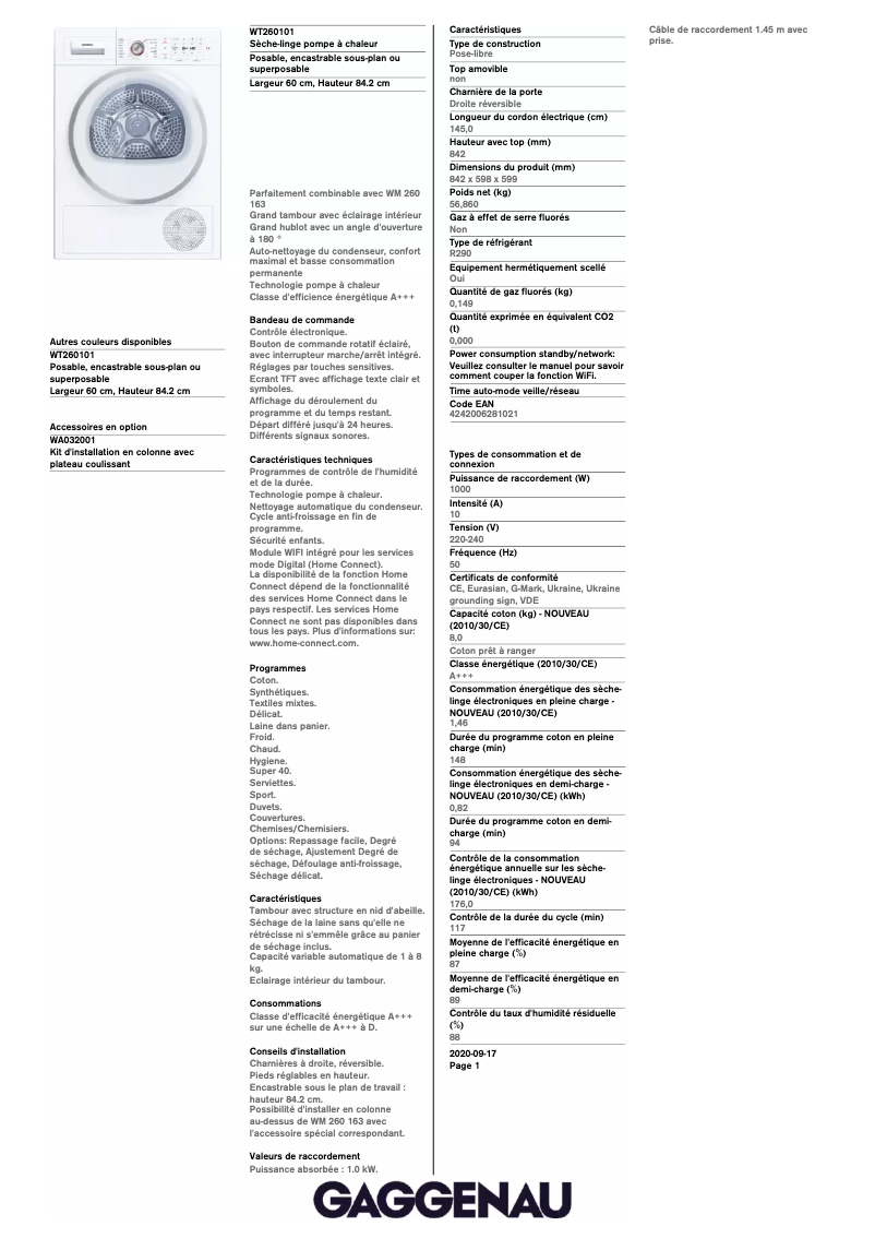 Page 1 de la notice Fiche technique Gaggenau WT260101