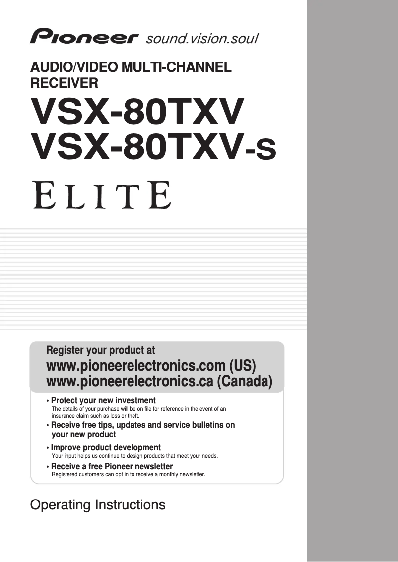Image de la première page du manuel de l'appareil Elite VSX-80TXV