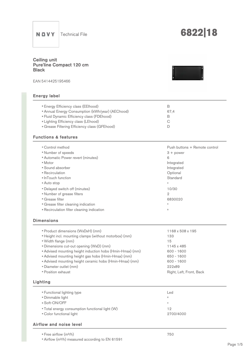 Page n°1 - Fiche technique Novy Pure'line Compact 6822