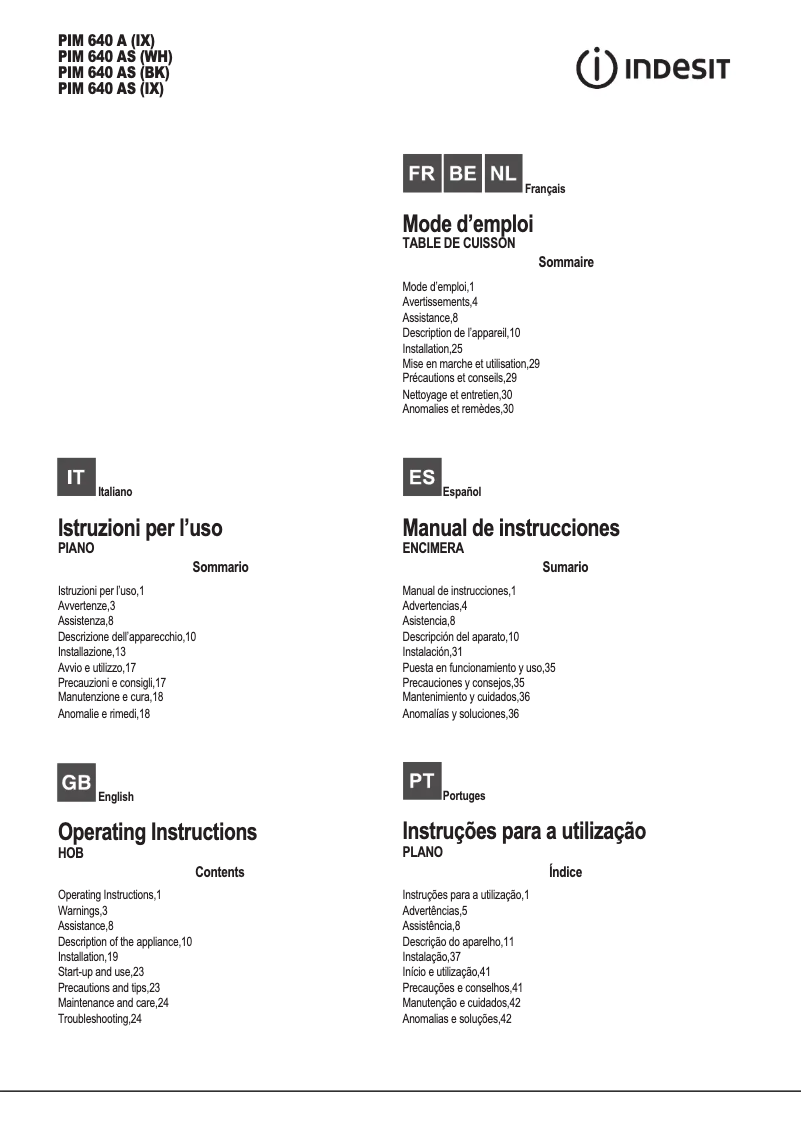 Page 1 de la notice Manuel utilisateur Indesit PIM 640 A (IX)