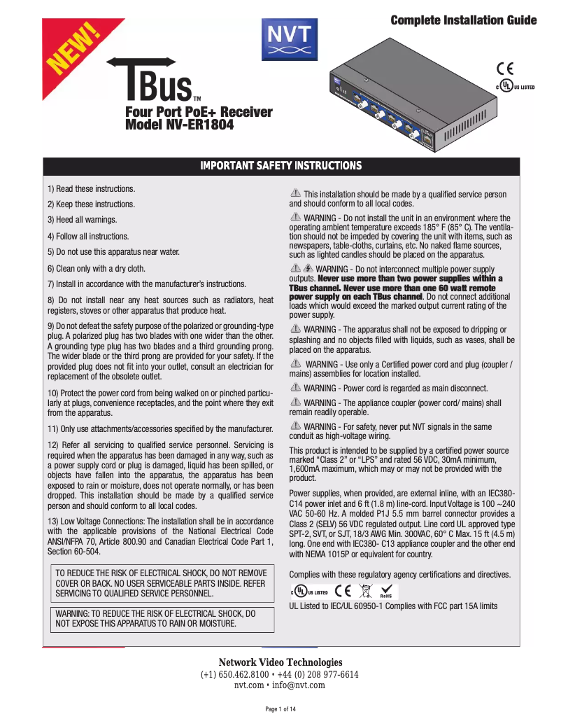 Page 1 de la notice Manuel utilisateur Phybridge NV-ER1804