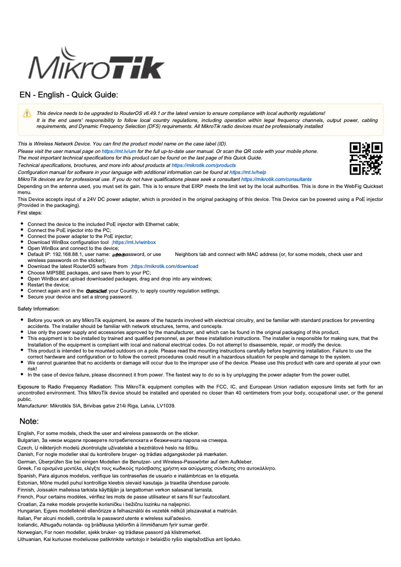 Page 1 de la notice Manuel utilisateur Mikrotik LHG 2