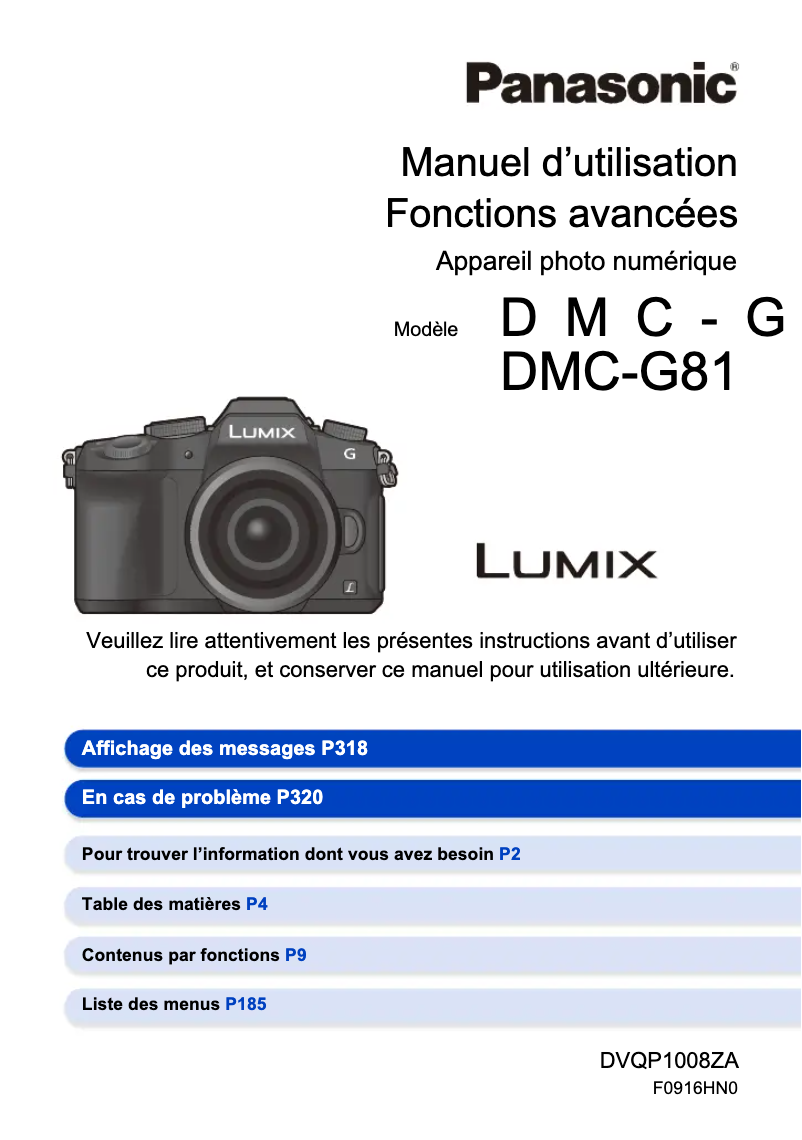 Page 1 de la notice Manuel utilisateur Panasonic Lumix DMC-G80