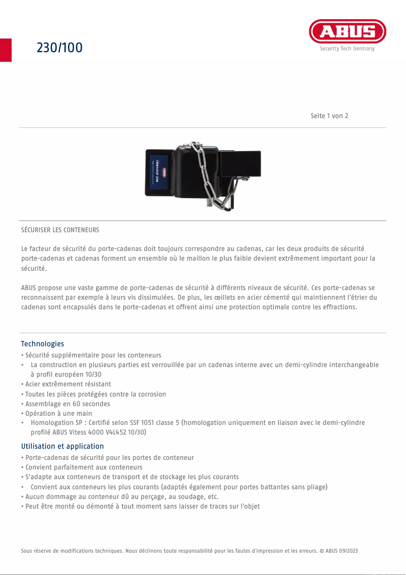 Page n°1 - Fiche technique Abus ConHasp 230