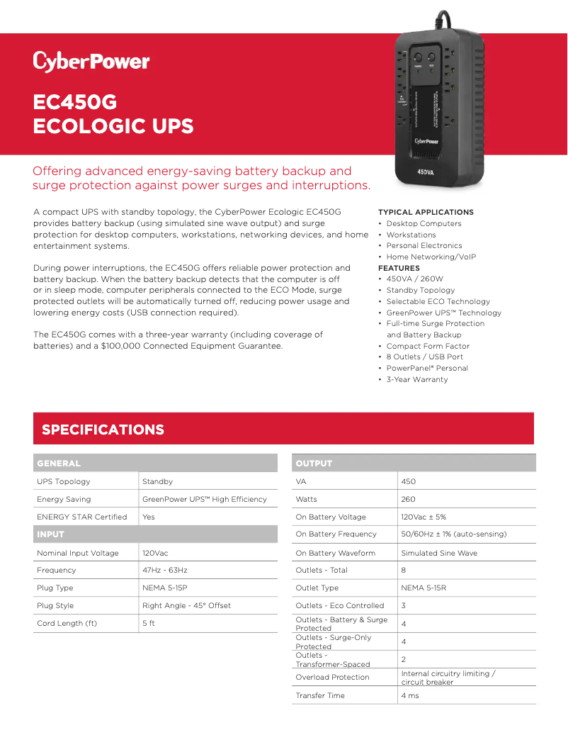 Page n°1 - Fiche technique CyberPower Ecologic EC450G