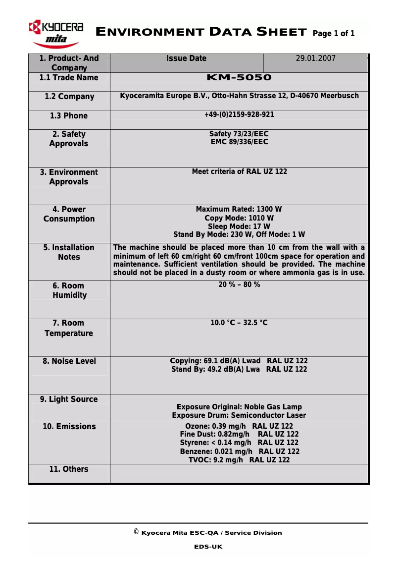 Page 1 de la notice Fiche technique Kyocera KM-5050