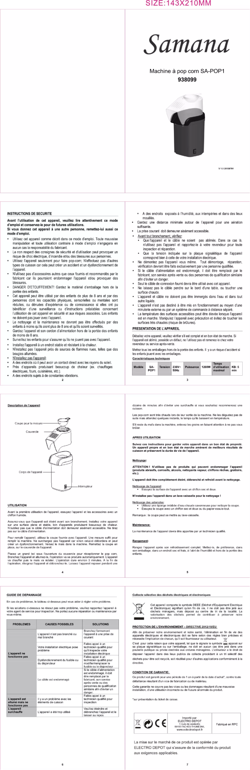 Page n°1 - Manuel utilisateur Samana SA-POP1