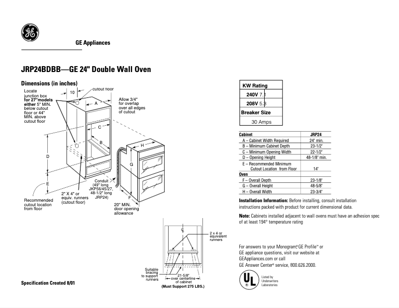 Page 1 de la notice Fiche technique GE JRP24BDBB