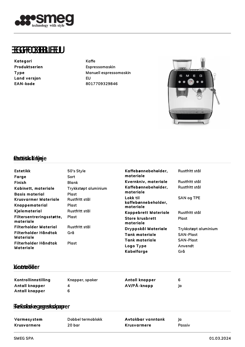 Page 1 de la notice Fiche technique Smeg EGF03