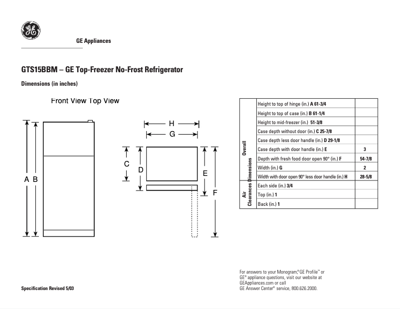 Page n°1 - Fiche technique GE GTS15BBMLAA