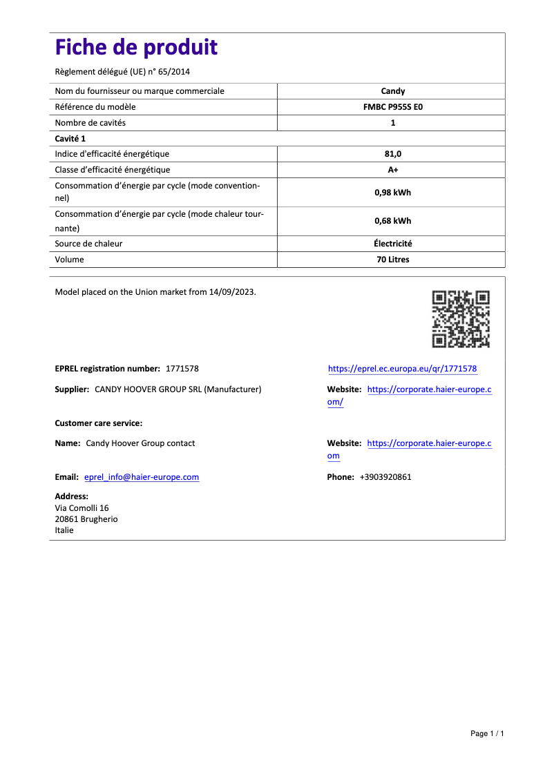 Page n°1 - Manuel utilisateur Candy FMBC P955S E0