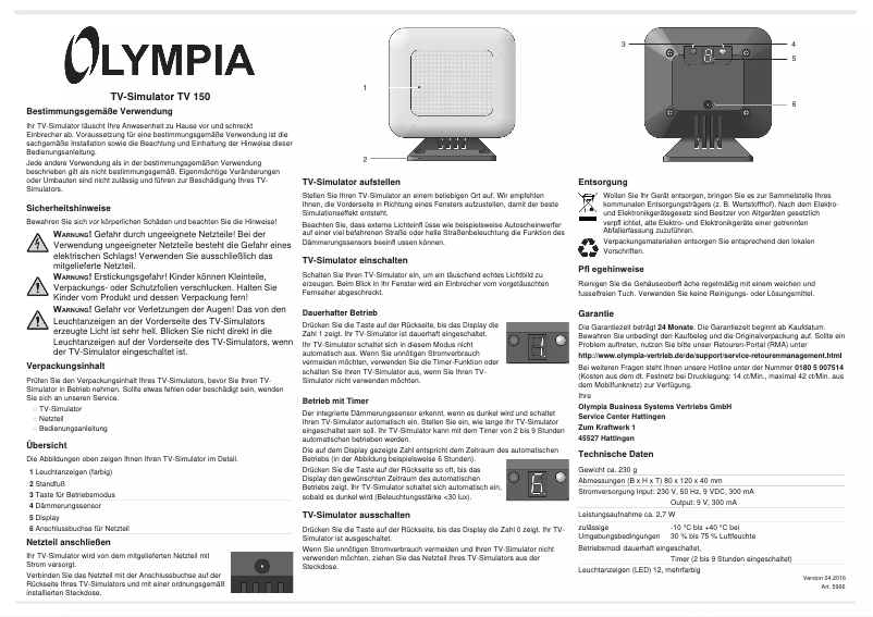 Page n°1 - Manuel utilisateur Olympia TV 150