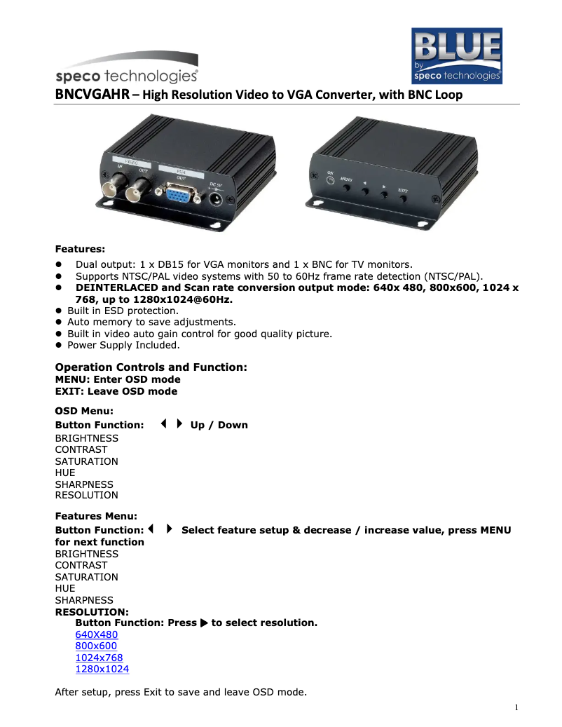 Image de la première page du manuel de l'appareil BNCVGAHR