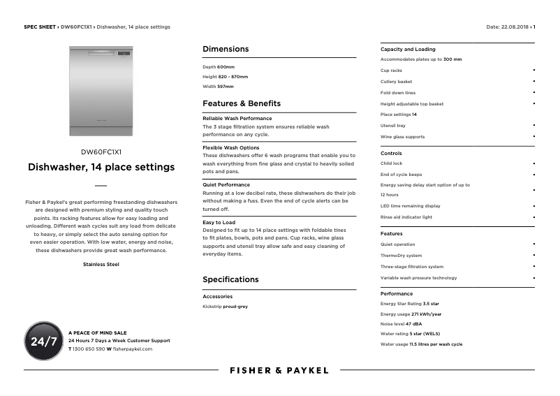 Page 1 de la notice Fiche technique Fisher & Paykel DW60FC1X1