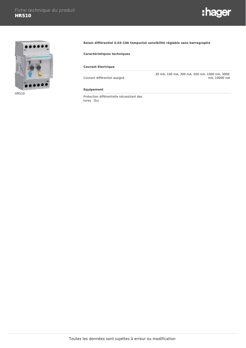 Page 1 de la notice Fiche technique Hager HR510