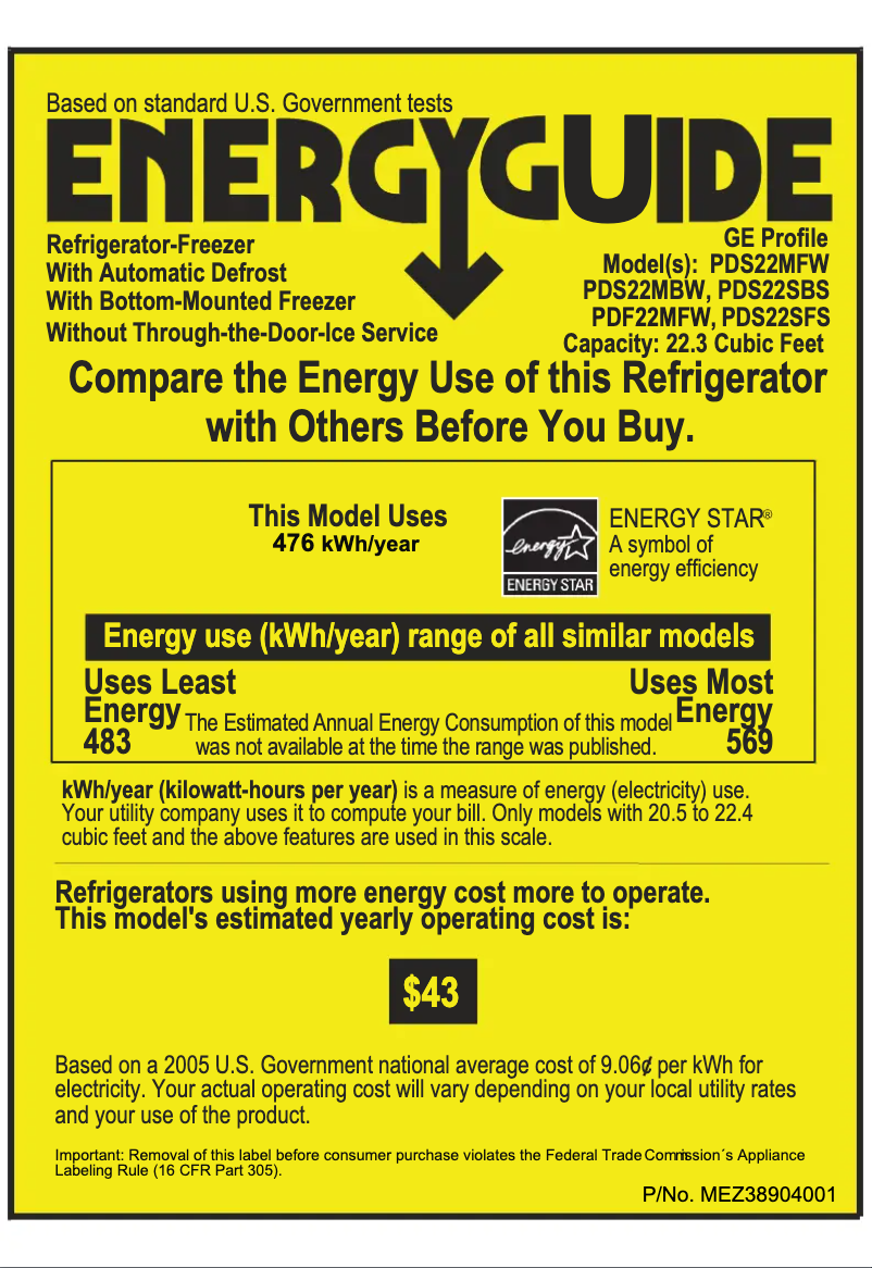 Page 1 de la notice Label énergétique GE Profile PDS22MFWWW