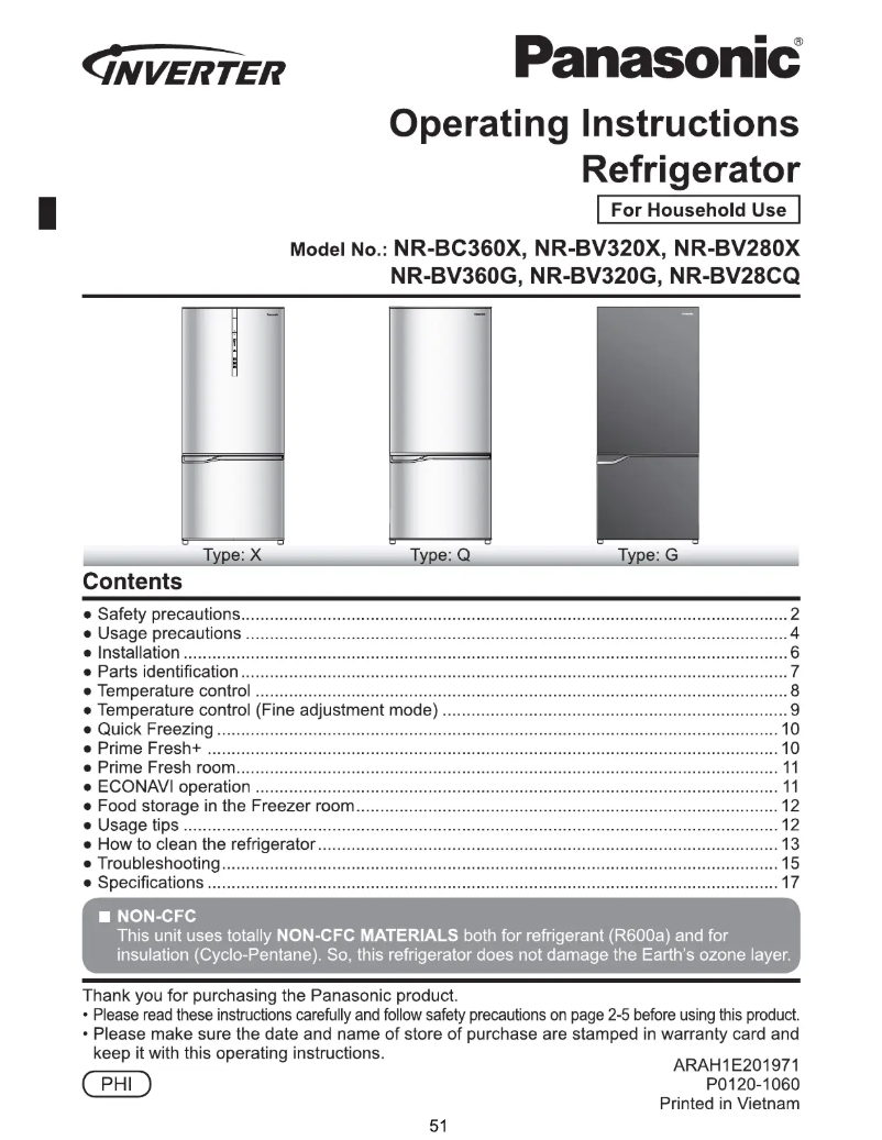 Page 1 de la notice Manuel utilisateur Panasonic NR-BV320G