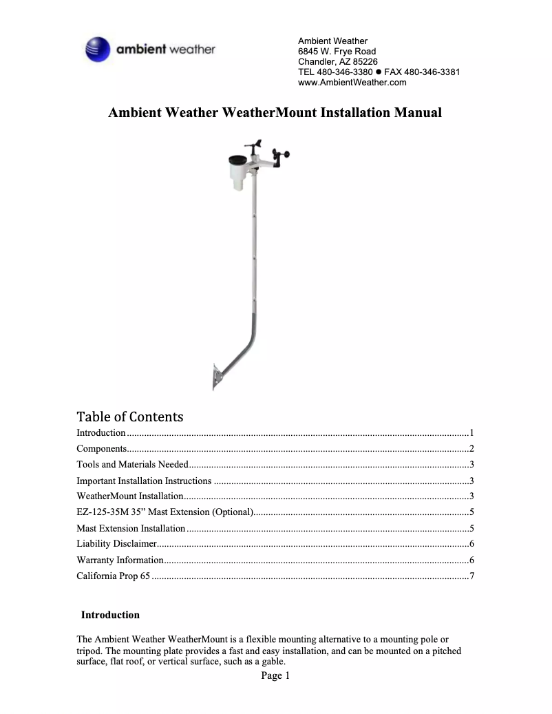Page n°1 - Manuel utilisateur Ambient Weather WeatherMount