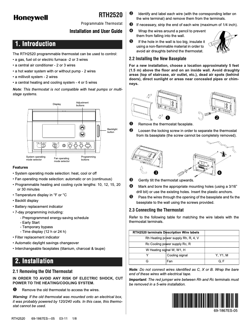 Page 1 de la notice Manuel utilisateur Honeywell RTH2520B