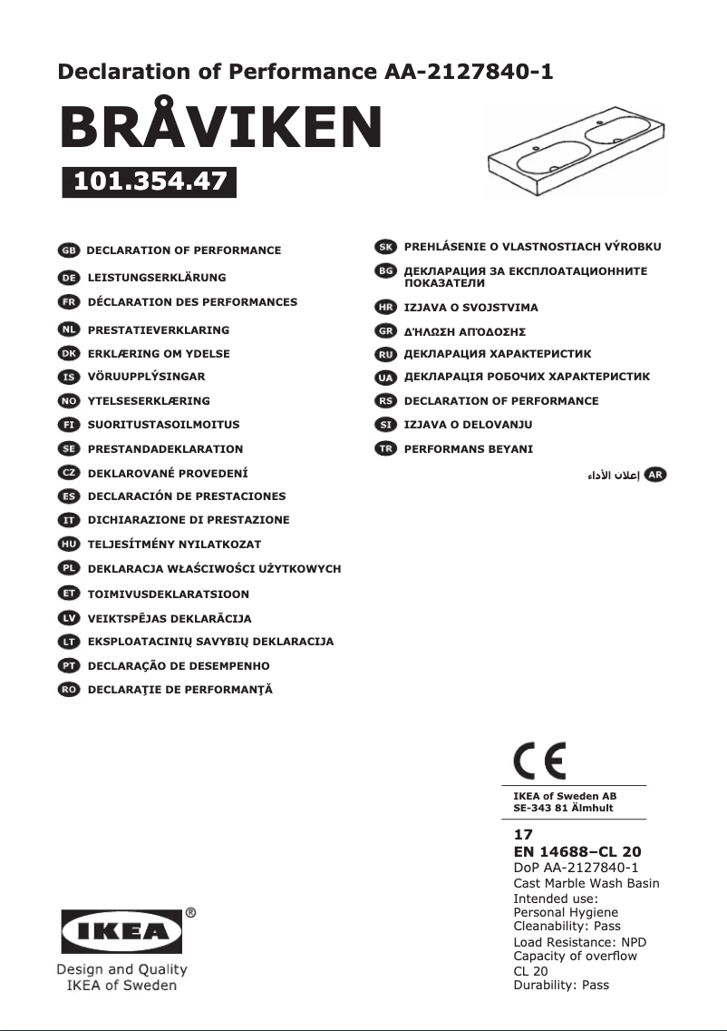 Page 1 de la notice Manuel utilisateur Ikea BRÅVIKEN 101.354.47