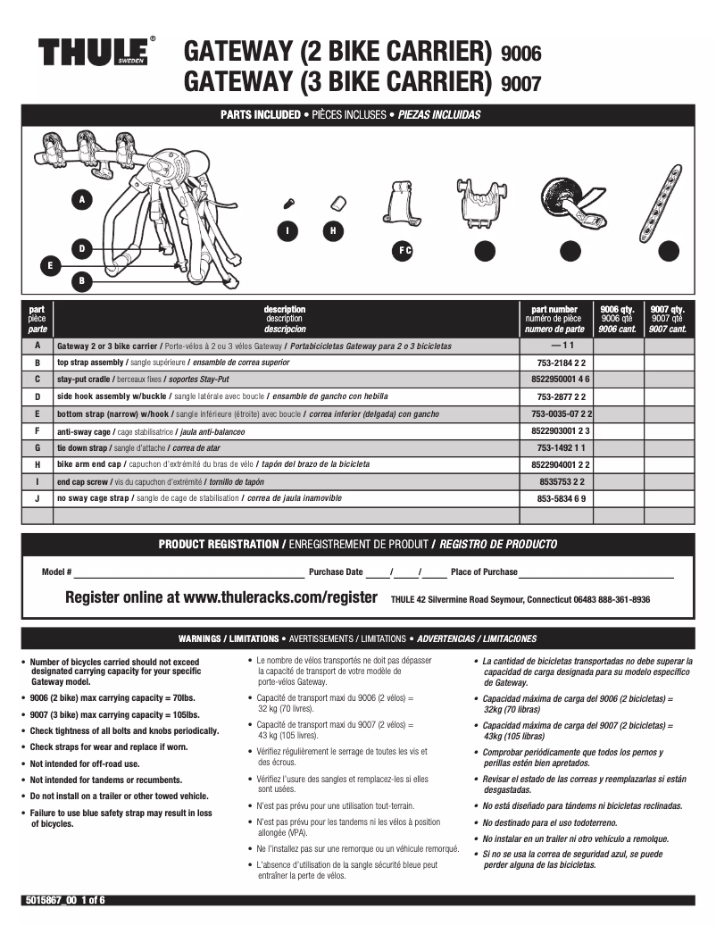 Page 1 de la notice Manuel utilisateur Thule Gateway 9007