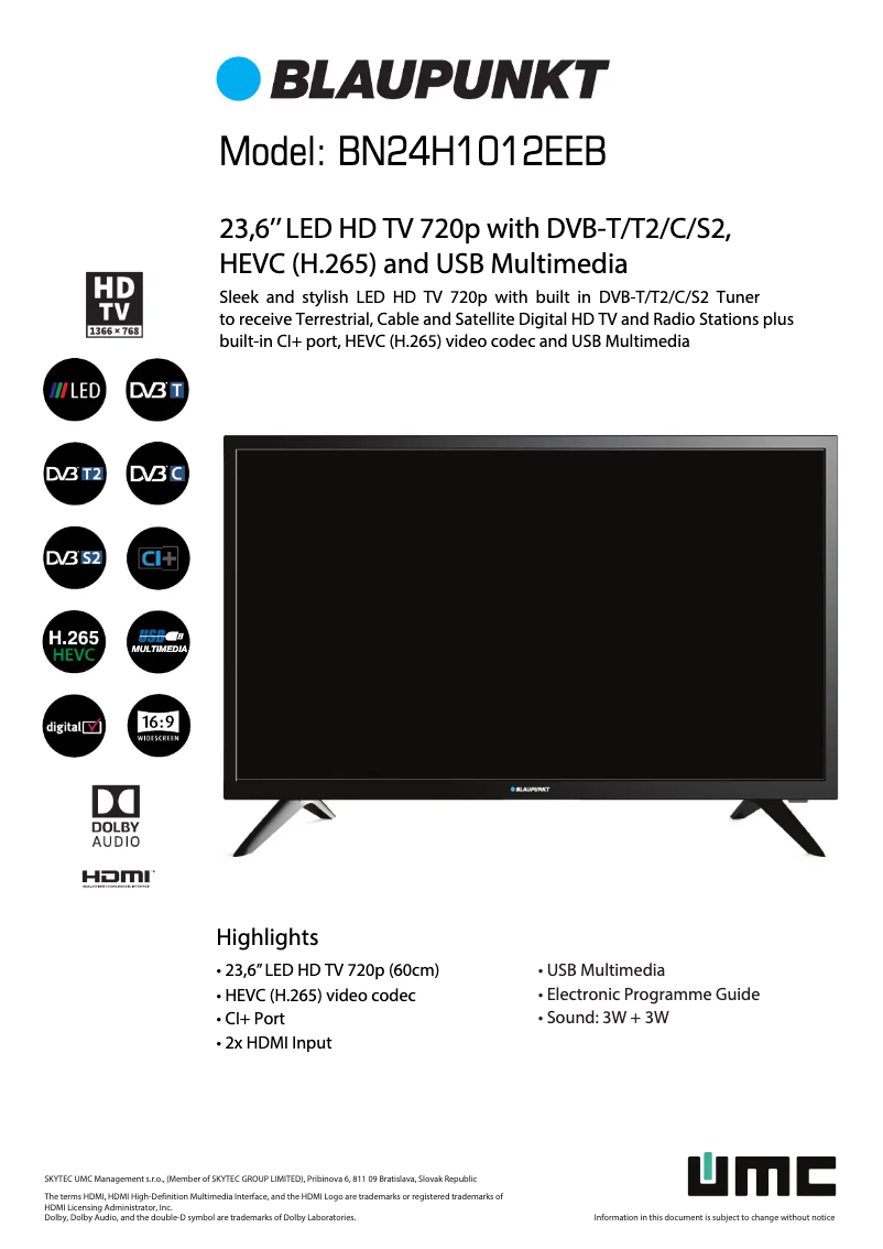 Page 1 de la notice Fiche technique Blaupunkt BA32H4322LEEB