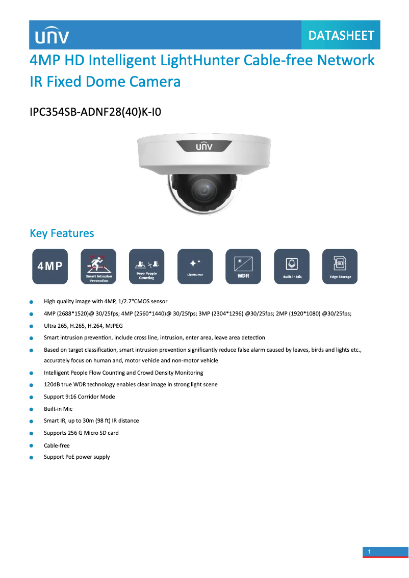 Page 1 de la notice Fiche technique UniView IPC354SB-ADNF28(40)K-I0