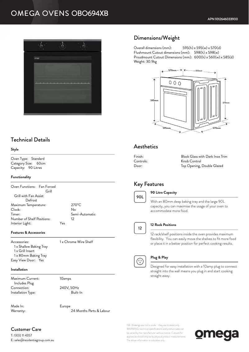 Page 1 de la notice Fiche technique Omega OBO674XB