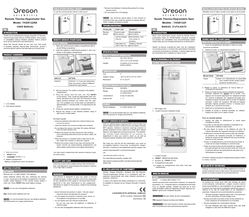 Page 1 de la notice Manuel utilisateur Oregon Scientific THGR122NX