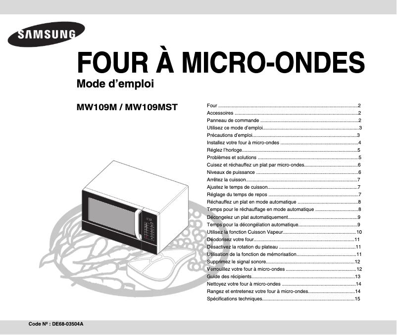 Page 1 de la notice Manuel utilisateur Samsung MW109M