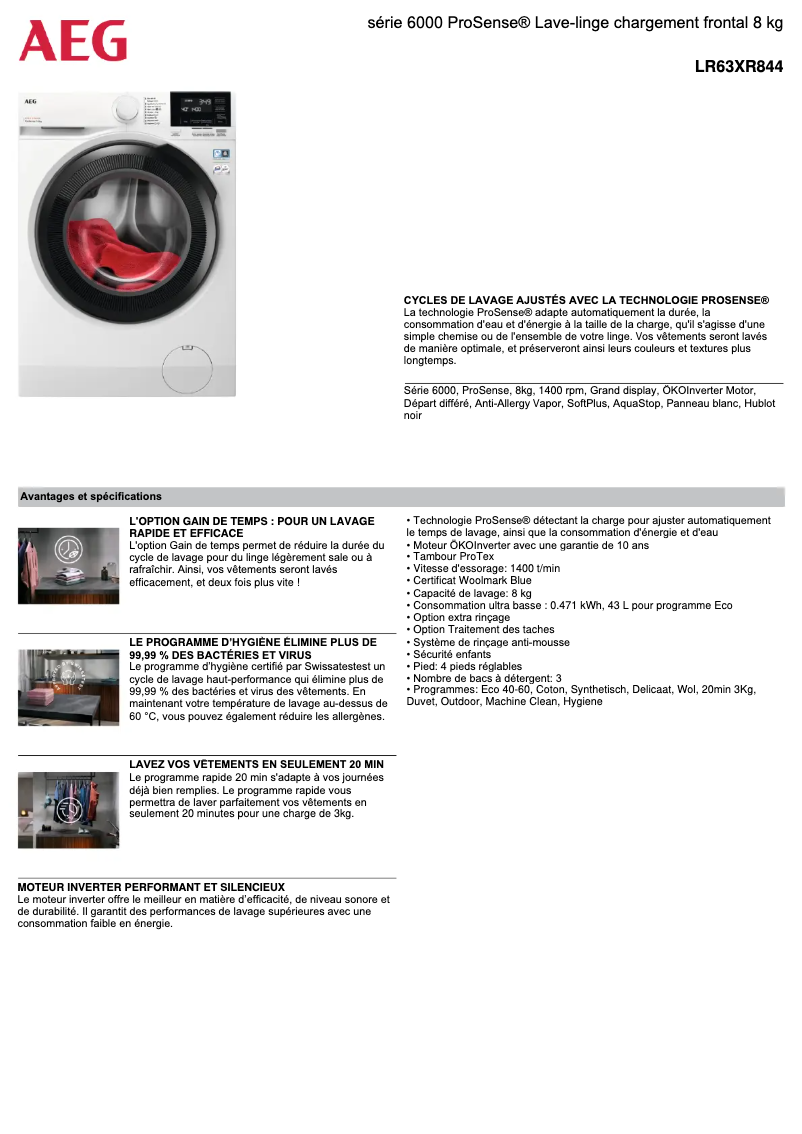 Page 1 de la notice Fiche technique AEG LR63XR844