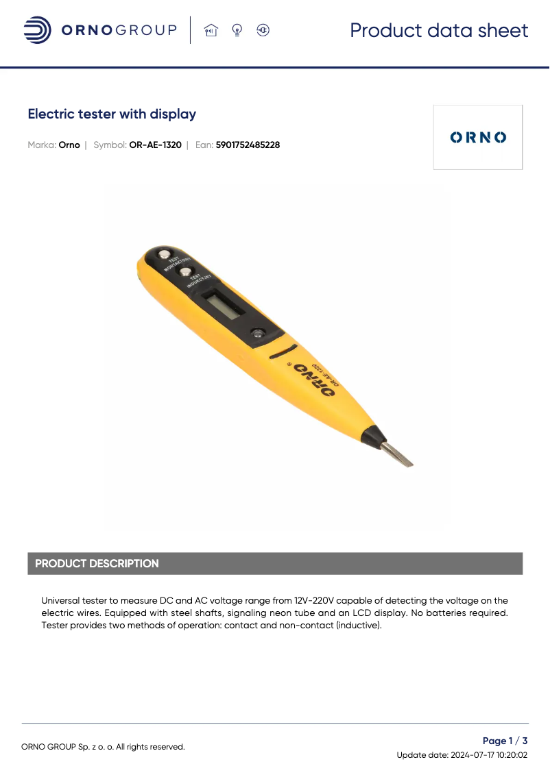Page 1 de la notice Fiche technique ORNO OR-AE-1320