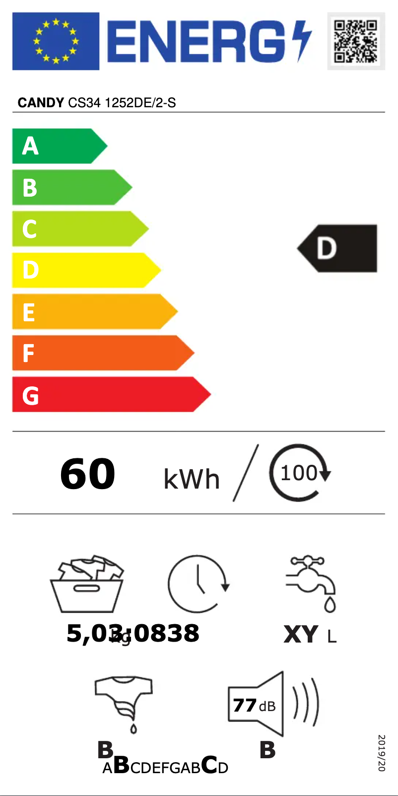 Page 1 de la notice Label énergétique Candy CS34 1252DE/2-S