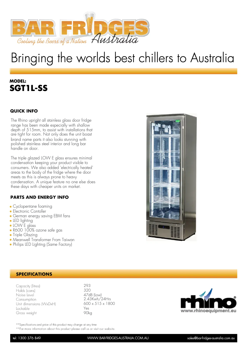 Page 1 de la notice Fiche technique Rhino SGT1L-SS