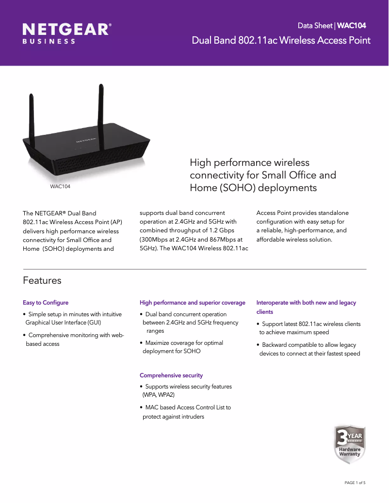 Page 1 de la notice Fiche technique Netgear WAC104
