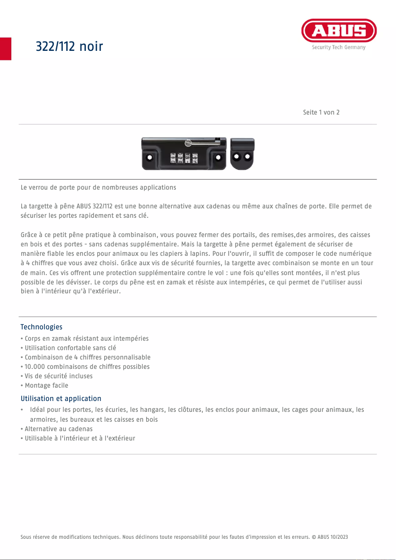 Page 1 of the manual Technical Sheet Abus 322/112