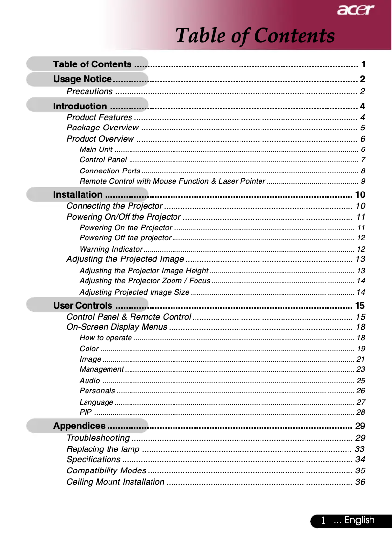 Page 1 de la notice Manuel utilisateur Acer PD723