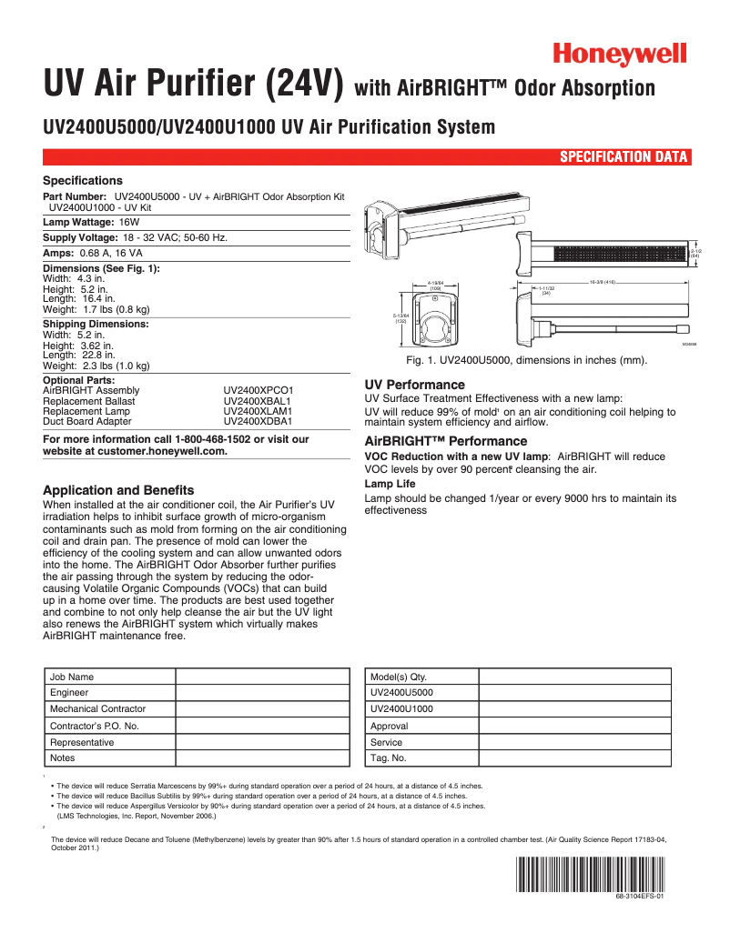 Page 1 de la notice Manuel utilisateur Honeywell UV2400U5000
