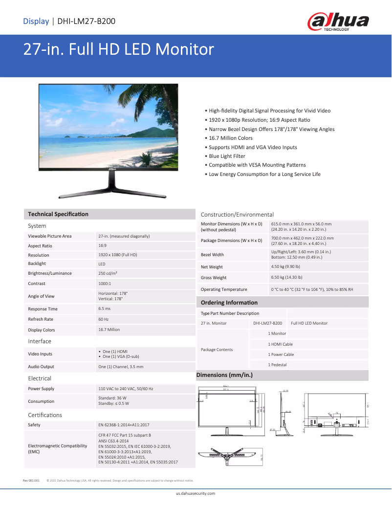 Page n°1 - Fiche technique Dahua Technology DHI-LM27-B200