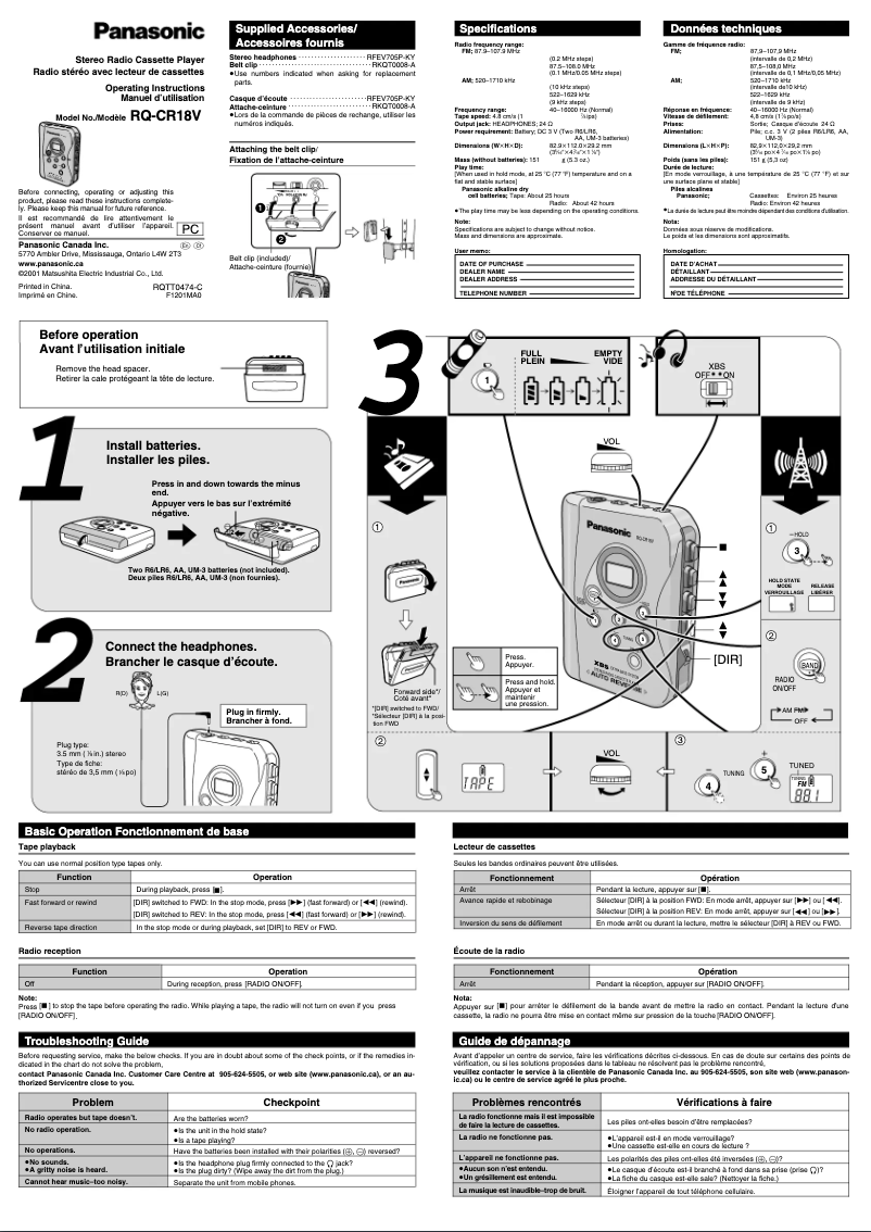 Page n°1 - Manuel utilisateur Panasonic RQ-CR18V