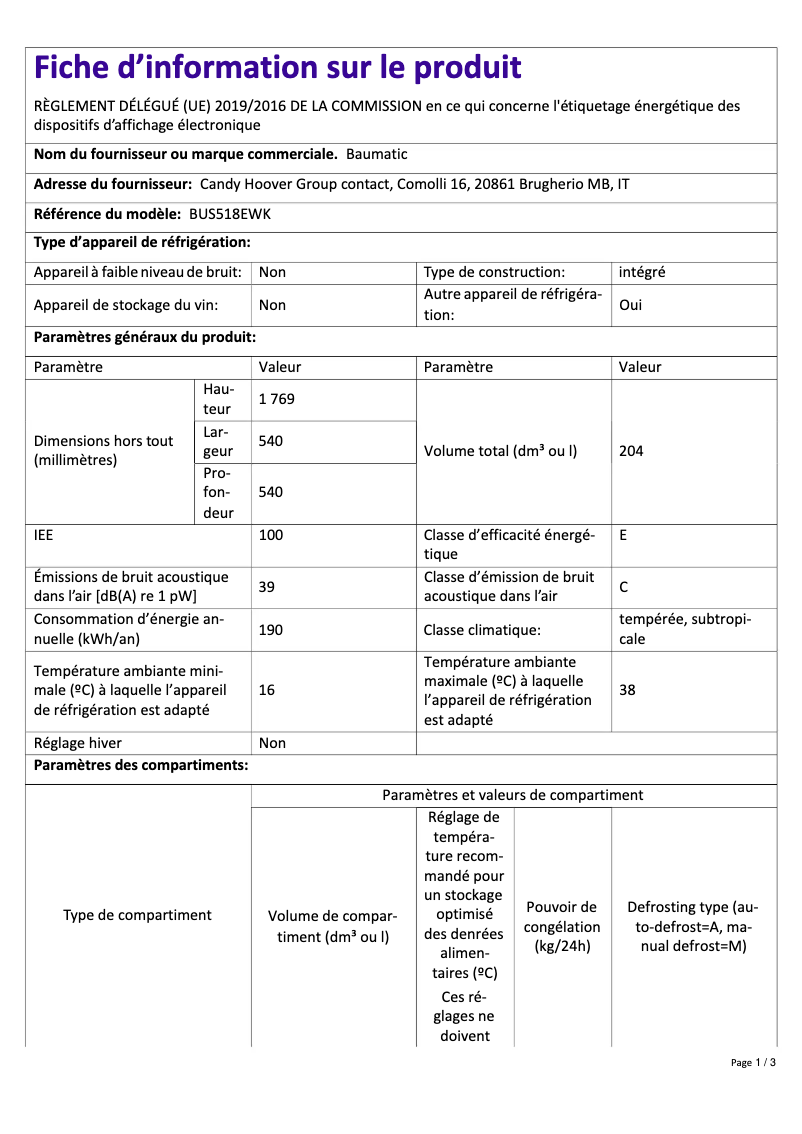 Page 1 de la notice Fiche technique Candy BUS518EWK