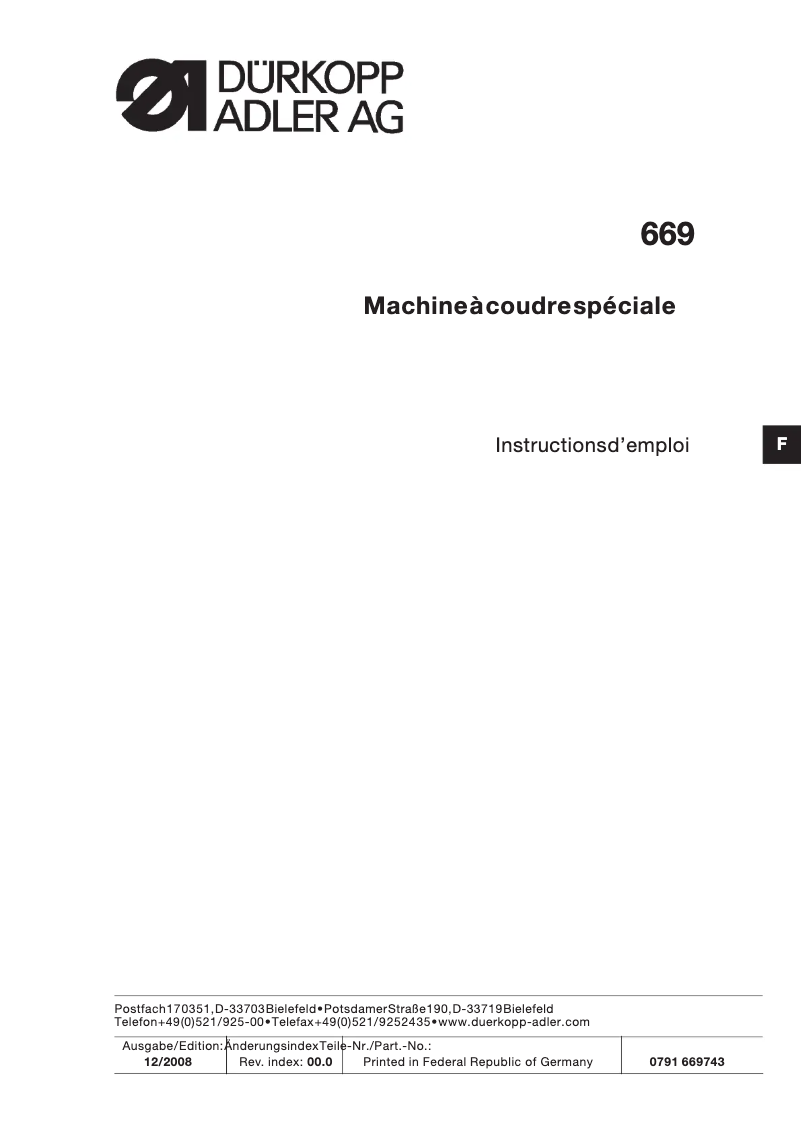 Page n°1 - Guide d'installation Dürkopp Adler 669