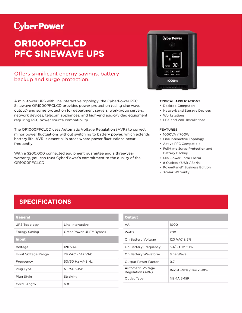 Page n°1 - Fiche technique CyberPower OR1000PFCLCD
